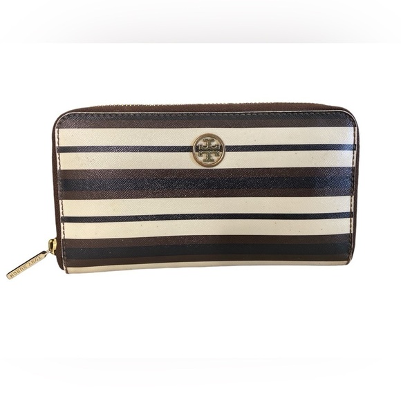 Tory Burch Women’s Classic Zip Around Wallet Robinson Stripe Gold Zipper - Picture 1 of 10
